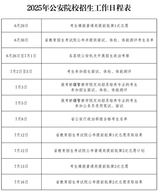 山东：2025年公安院校招生工作日程表