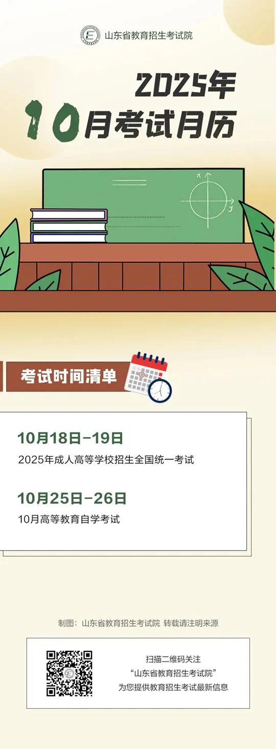 2025年10月山东教育考试月历
